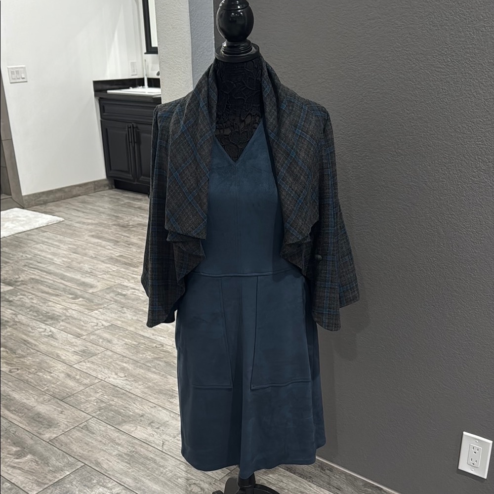 Blue Dress with Plaid Shawl